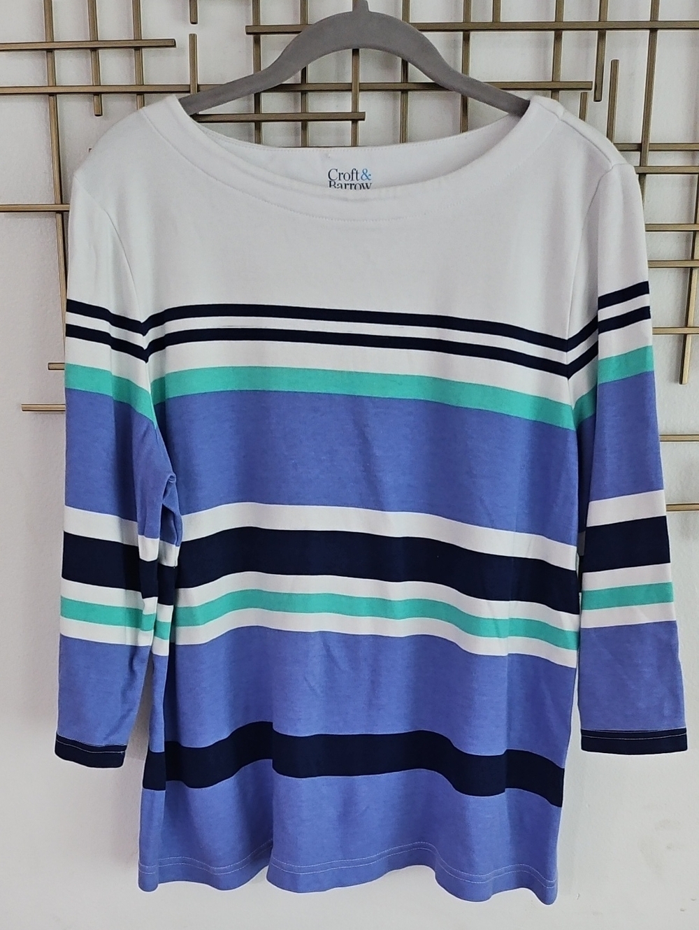 XL- croft & barrow- White, Navy, Light Blue & Aqua Striped Boatneck Top